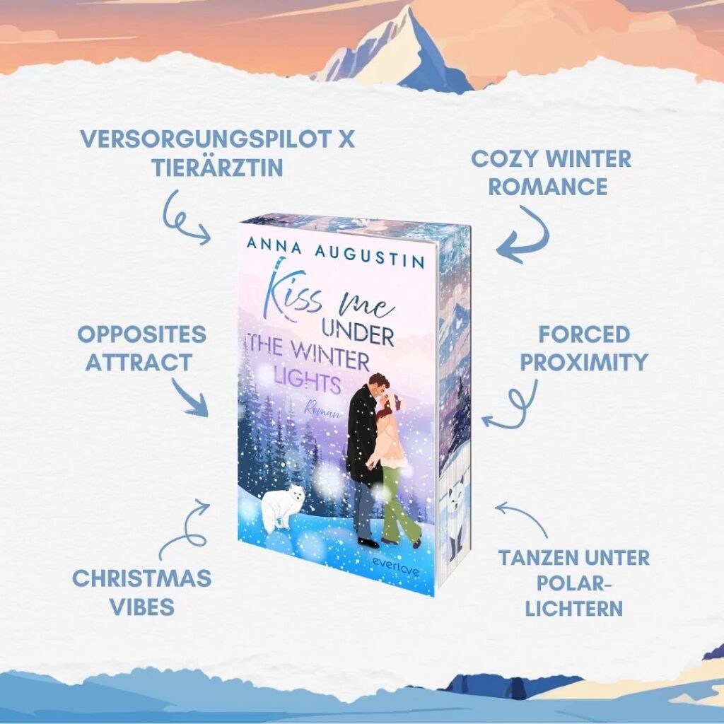 Cover des Romans Kiss me under the Winter Lights von Anna Augustin mit exklusivem Buchmädchen-Farbschnitt mit Aufzählung der Tropes