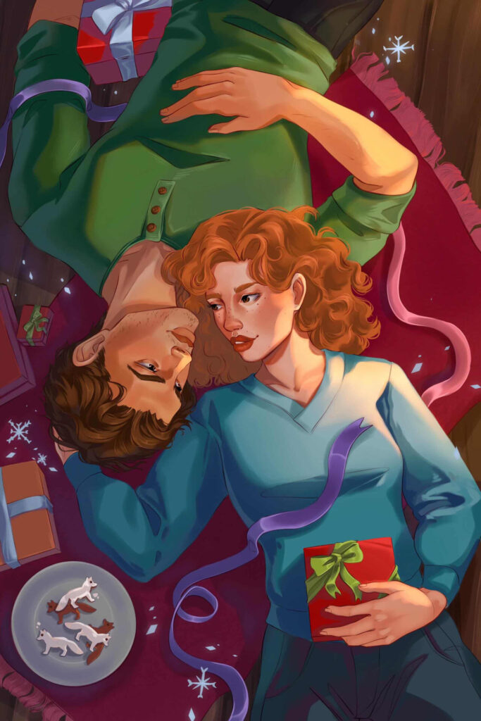 Illustriertes Liebespaar vom Liebesroman Kiss me under the Winter Lights von Anna Augustin, Paar in Draufsicht kuschelt auf Holzboden mit Picknickdecke, Weihnachtsgeschenke in den Händen und Polarfuchskekse auf Teller